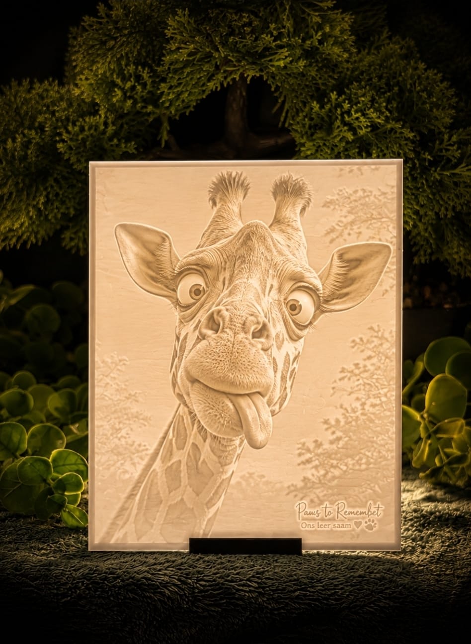 Illuminated lithophane giraffe portrait by Paws to Remember