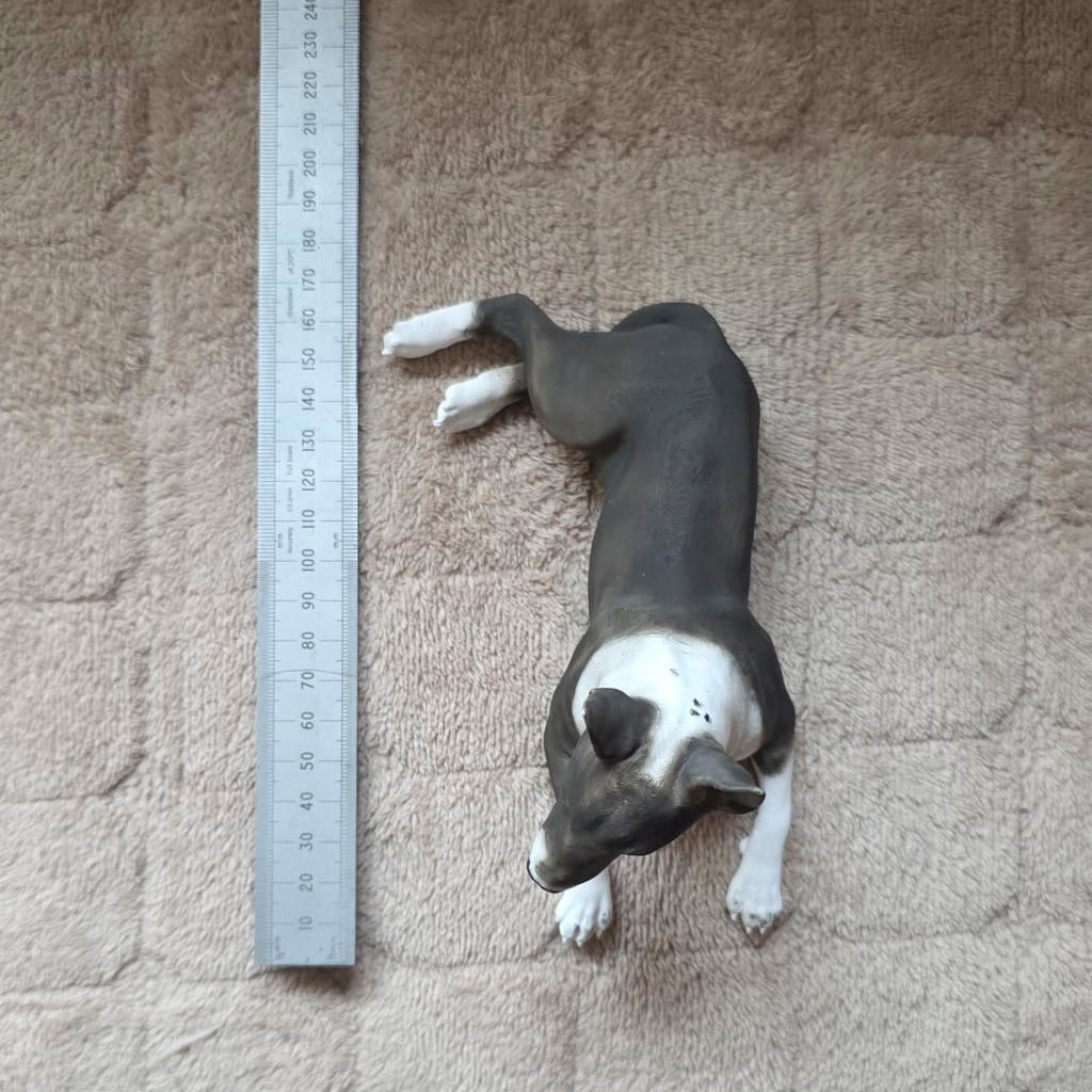 Example painted English Bull Terrier 3D pet model photographed beside a ruler for scale